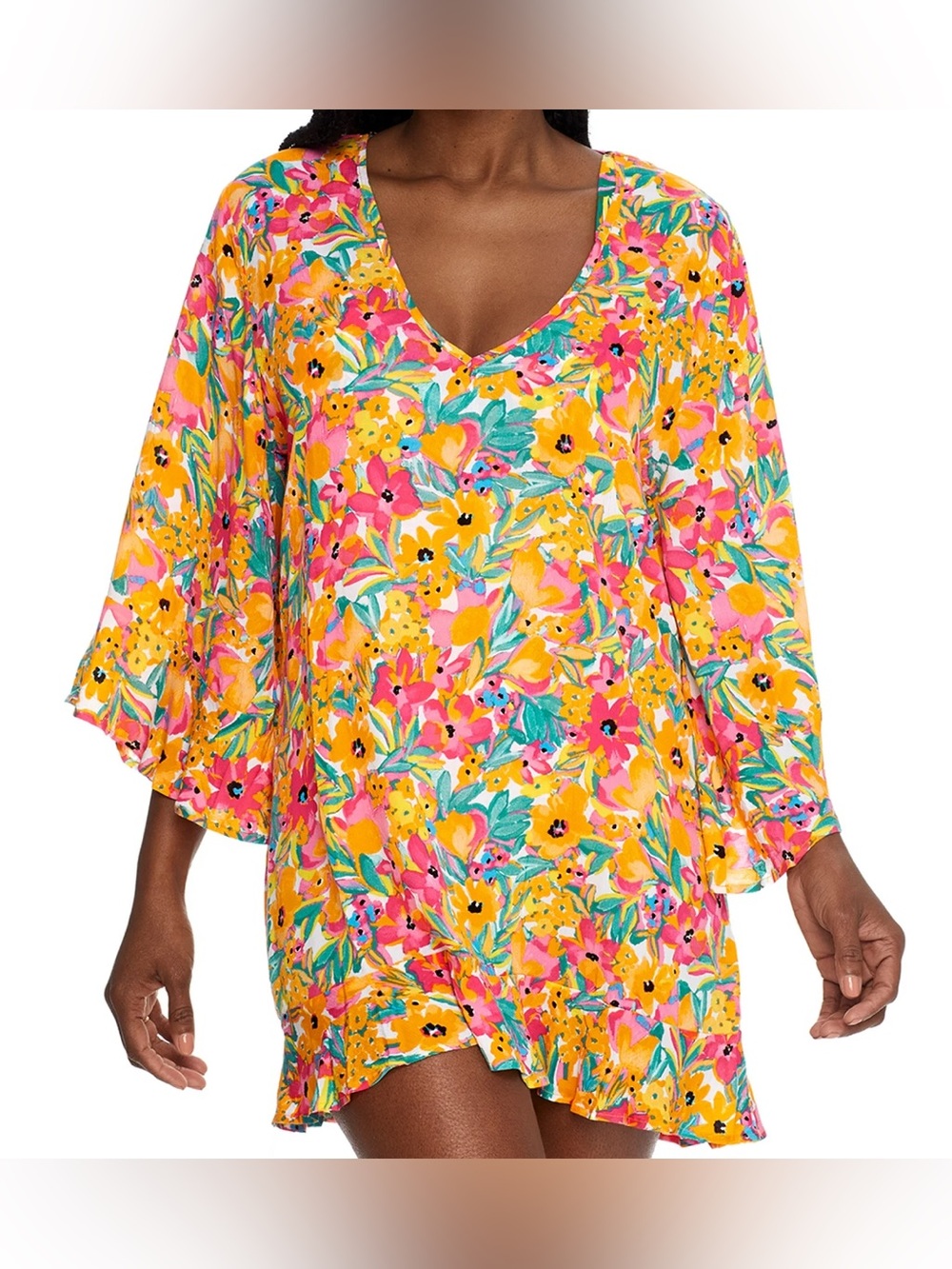 Anne Cole Women's Flounce Slightly Sheer V Neck Tunic Swimsuit Cover Up XL/XXL